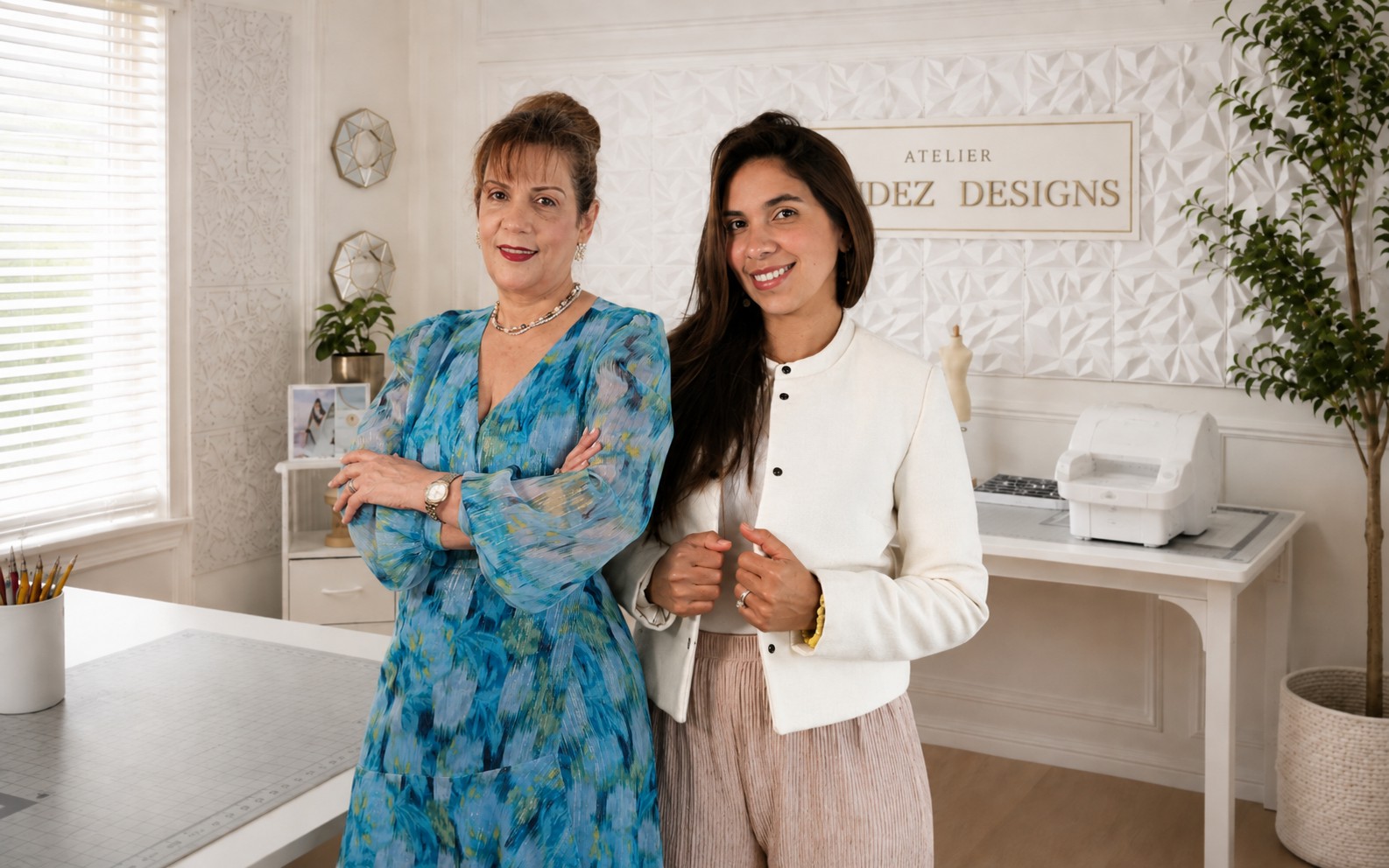 María Méndez y Arlenghis Orsini de pie en el atelier de Mendez Designs en Fort Worth