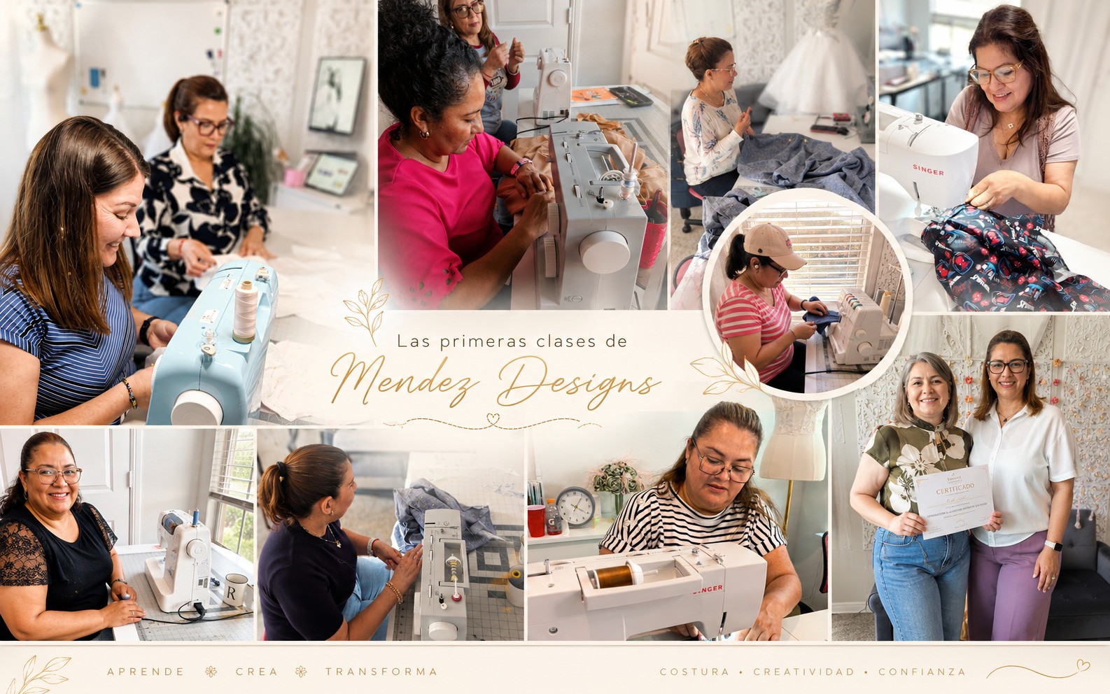Las primeras clases de Mendez Designs: alumnas, máquinas de coser, procesos y certificados